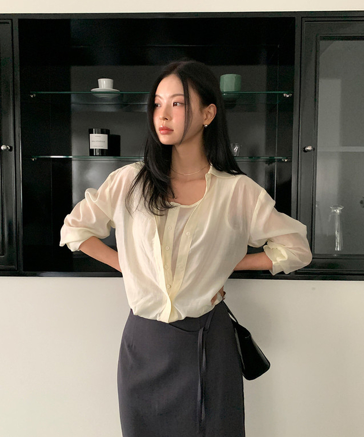 【SET】シースルーシャツブラウス＋キャミソール CREAM