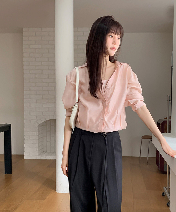 【SET】シースルーシャツブラウス＋キャミソール SALMON PINK