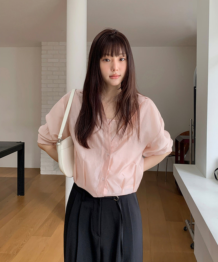 【SET】シースルーシャツブラウス＋キャミソール SALMON PINK