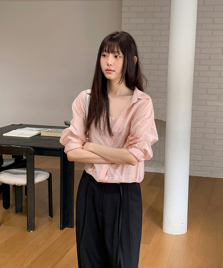 【SET】シースルーシャツブラウス＋キャミソール SALMON PINK