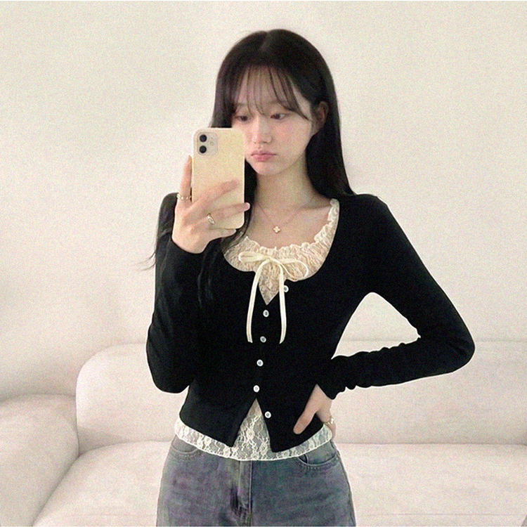 リボンレイヤード長袖Tシャツ(5color) BLACK