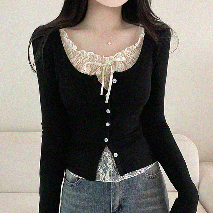 リボンレイヤード長袖Tシャツ(5color) BLACK