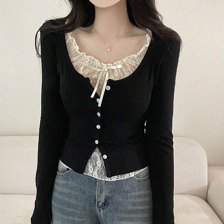 リボンレイヤード長袖Tシャツ(5color) BLACK