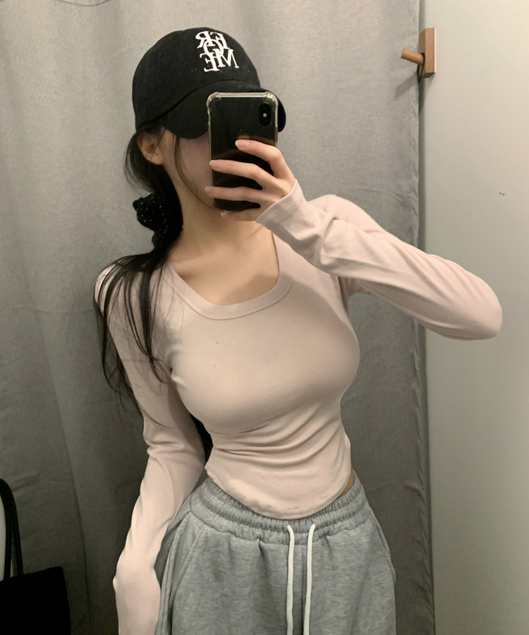 Uスクエアネック長袖Tシャツ(6color) PINK