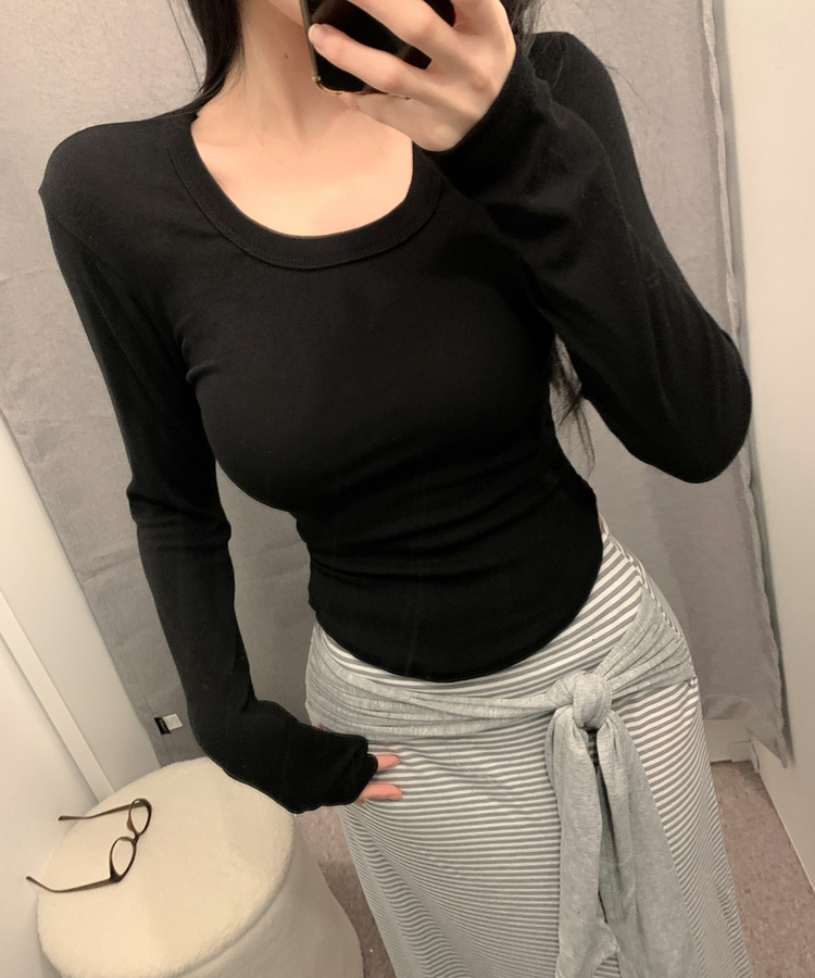 Uスクエアネック長袖Tシャツ(6color) BLACK