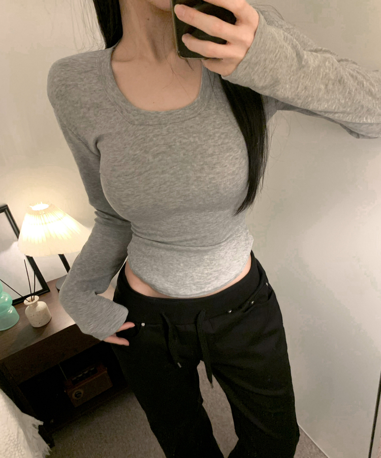 Uスクエアネック長袖Tシャツ(6color) GREY