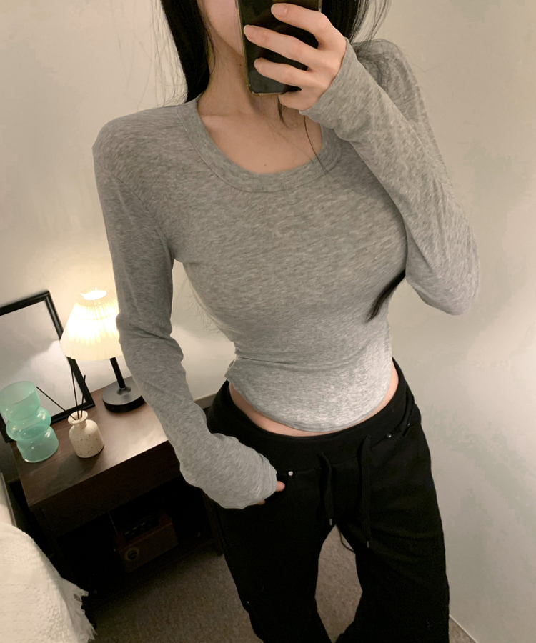 Uスクエアネック長袖Tシャツ(6color) GREY