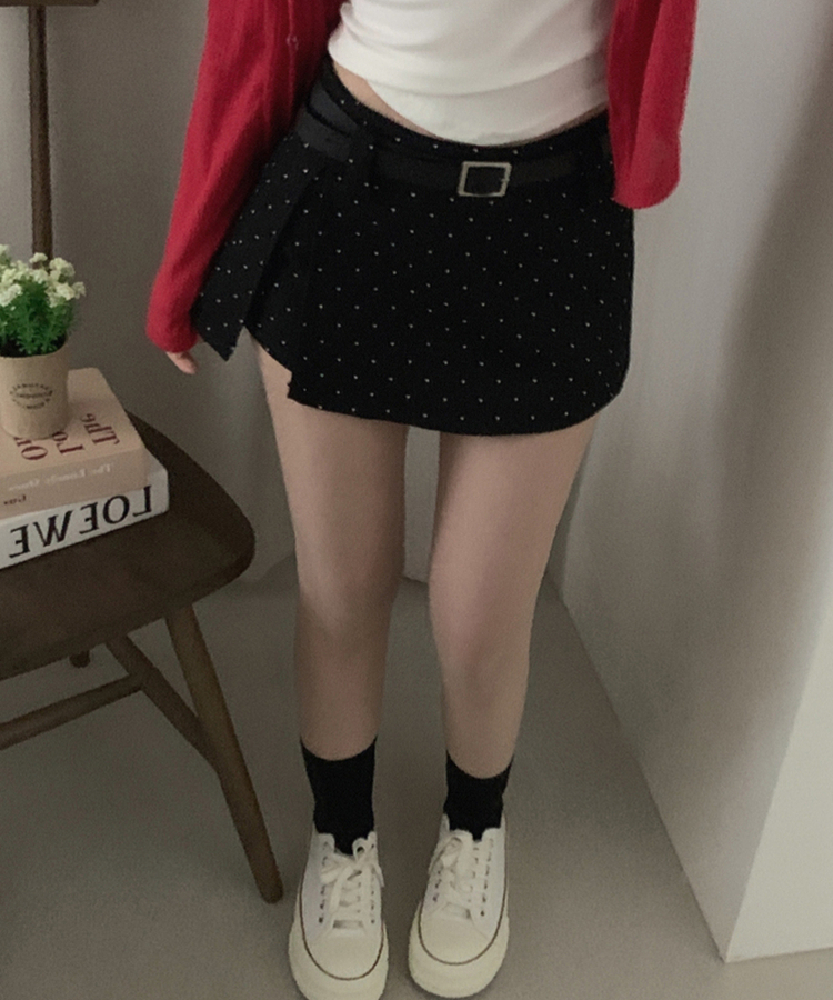 【ベルト付き】ドットミニスカートパンツ BLACK