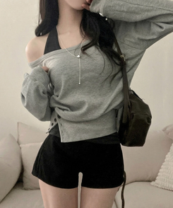 【SET】オフショルボタントレーナー ホルターネックキャミソール GREY