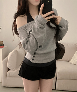 【SET】オフショルボタントレーナー ホルターネックキャミソール GREY