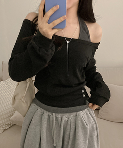 【SET】オフショルボタントレーナー ホルターネックキャミソール BLACK