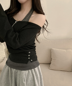 【SET】オフショルボタントレーナー ホルターネックキャミソール BLACK