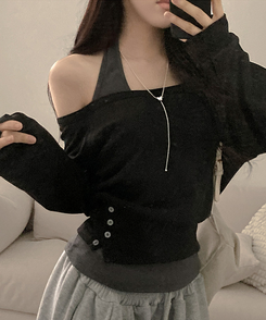 【SET】オフショルボタントレーナー ホルターネックキャミソール BLACK