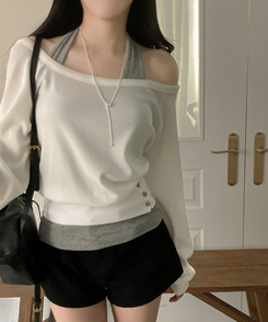 【SET】オフショルボタントレーナー ホルターネックキャミソール WHITE