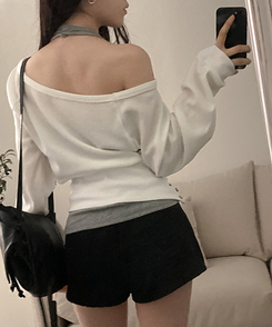 【SET】オフショルボタントレーナー ホルターネックキャミソール WHITE