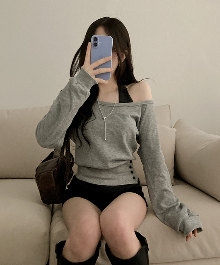 【SET】オフショルボタントレーナー ホルターネックキャミソール GREY