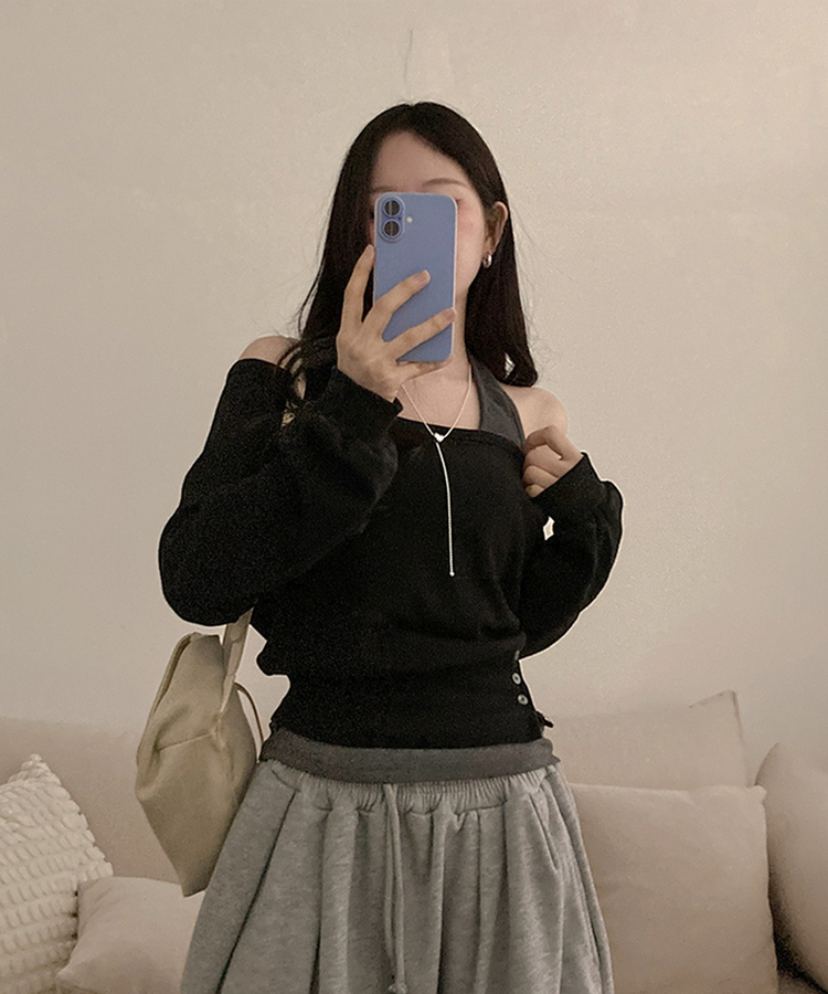 【SET】オフショルボタントレーナー ホルターネックキャミソール BLACK