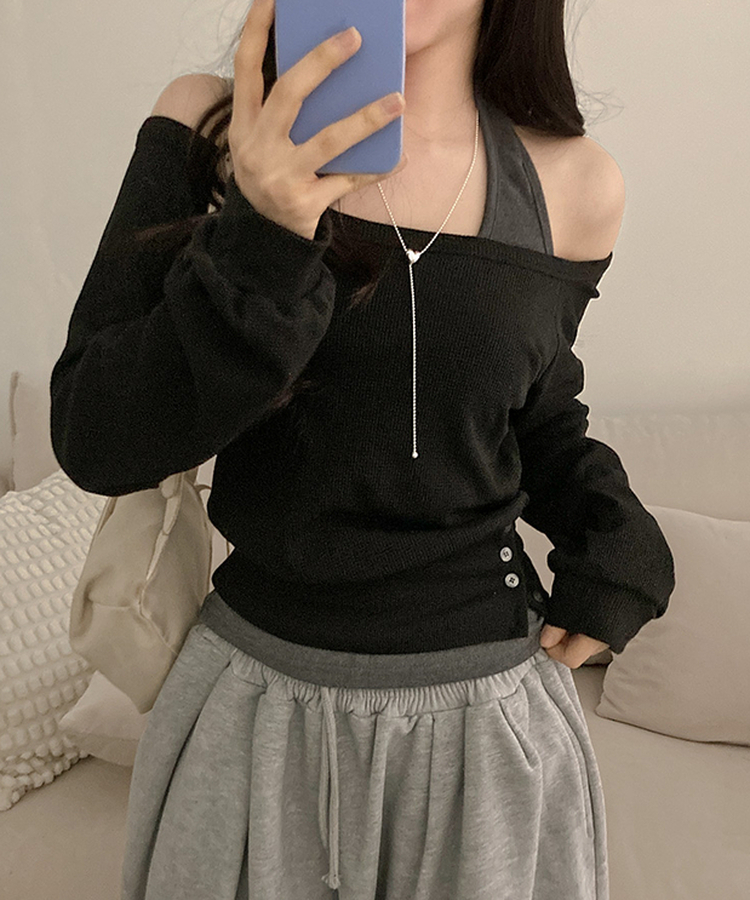 【SET】オフショルボタントレーナー ホルターネックキャミソール BLACK