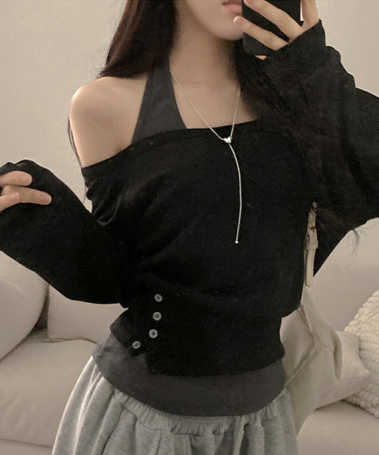 【SET】オフショルボタントレーナー ホルターネックキャミソール BLACK