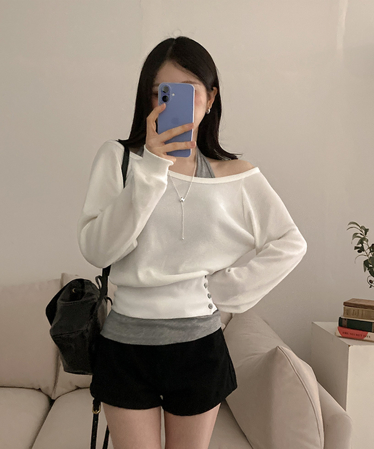 【SET】オフショルボタントレーナー ホルターネックキャミソール WHITE