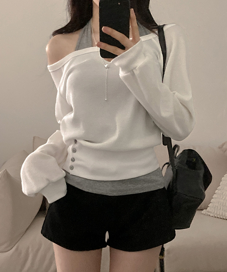 【SET】オフショルボタントレーナー ホルターネックキャミソール WHITE