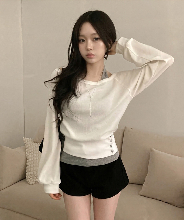 【SET】オフショルボタントレーナー ホルターネックキャミソール WHITE