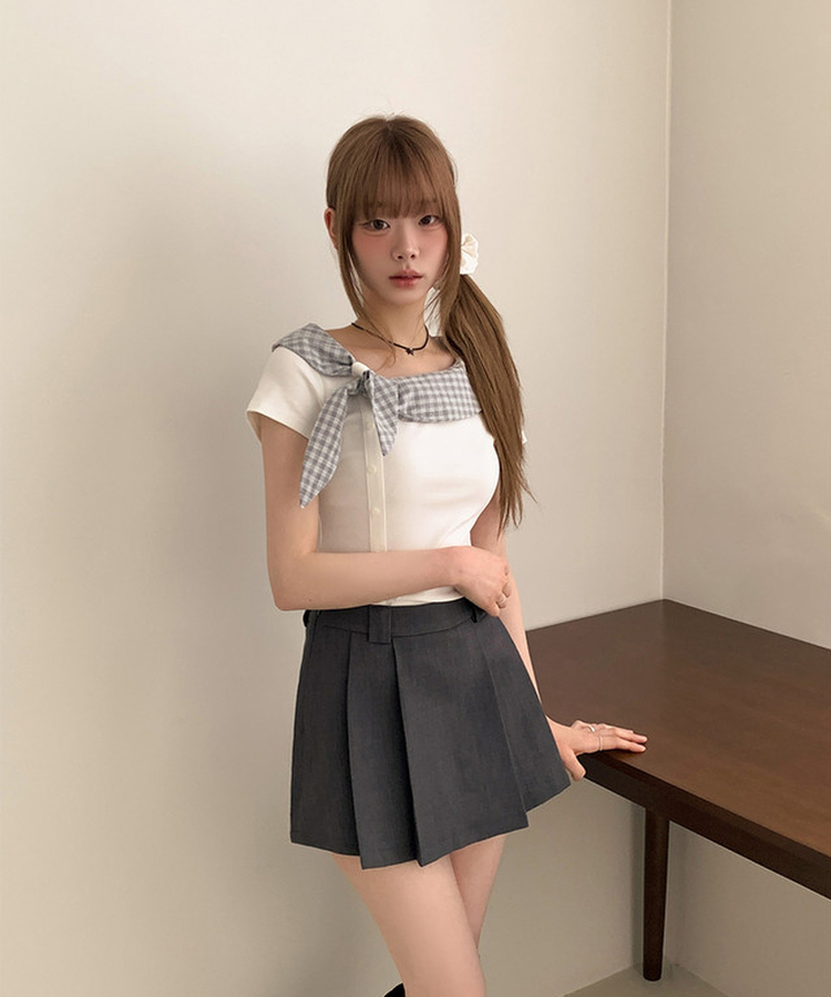 チェックスカーフレイヤード半袖Tシャツ IVORY