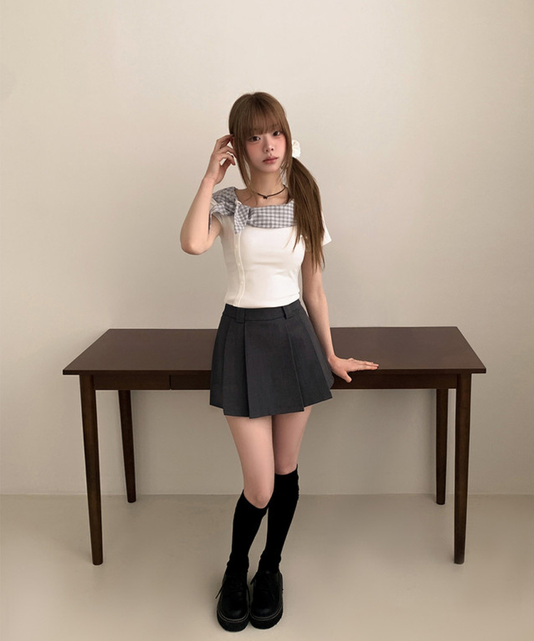 チェックスカーフレイヤード半袖Tシャツ IVORY