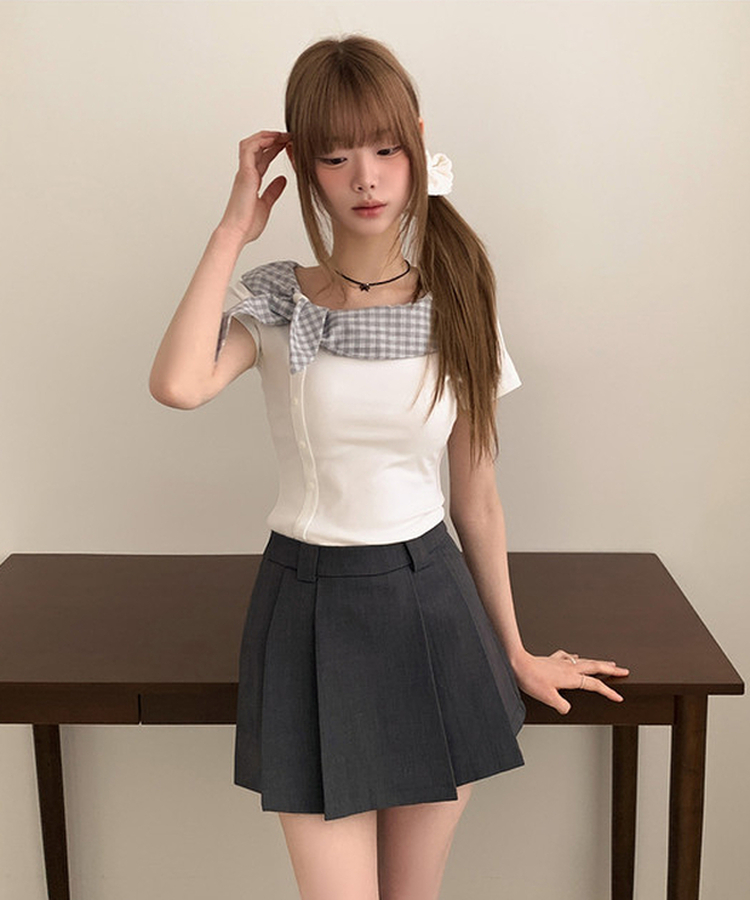 チェックスカーフレイヤード半袖Tシャツ IVORY