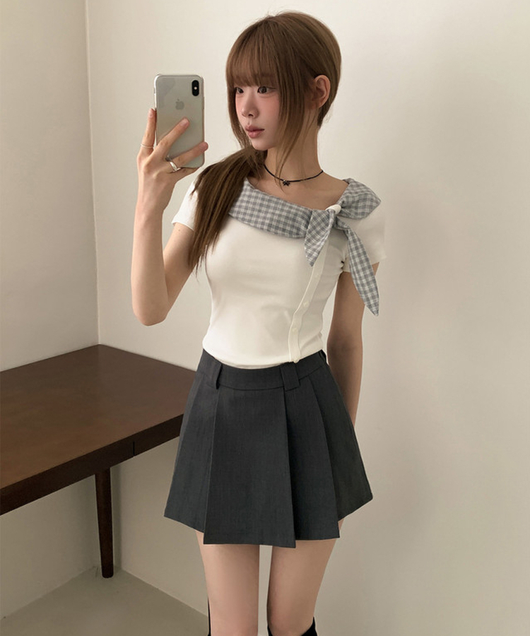 チェックスカーフレイヤード半袖Tシャツ IVORY