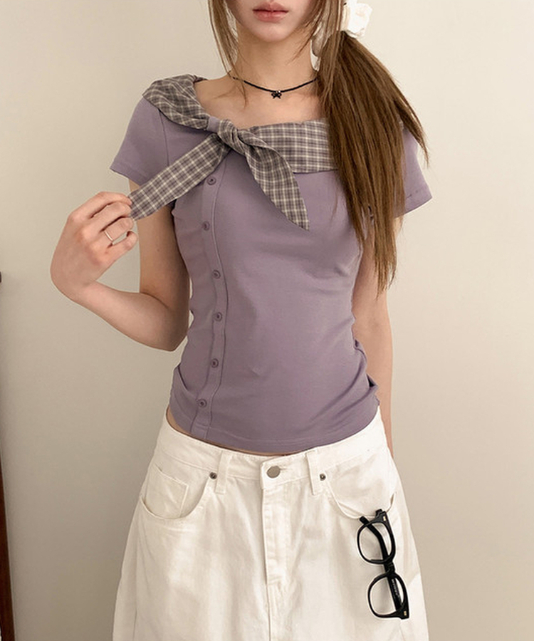 チェックスカーフレイヤード半袖Tシャツ PURPLE