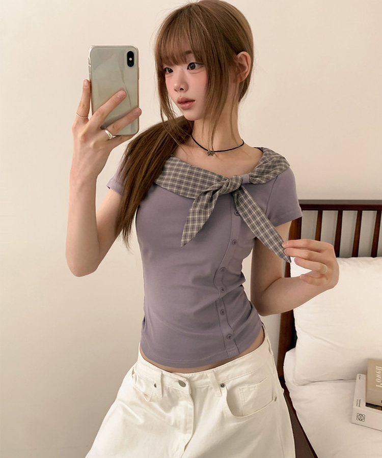 チェックスカーフレイヤード半袖Tシャツ PURPLE