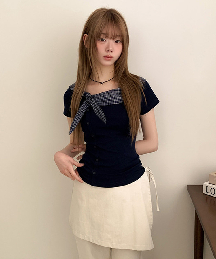 チェックスカーフレイヤード半袖Tシャツ NAVY