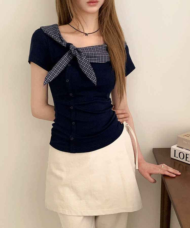 チェックスカーフレイヤード半袖Tシャツ NAVY