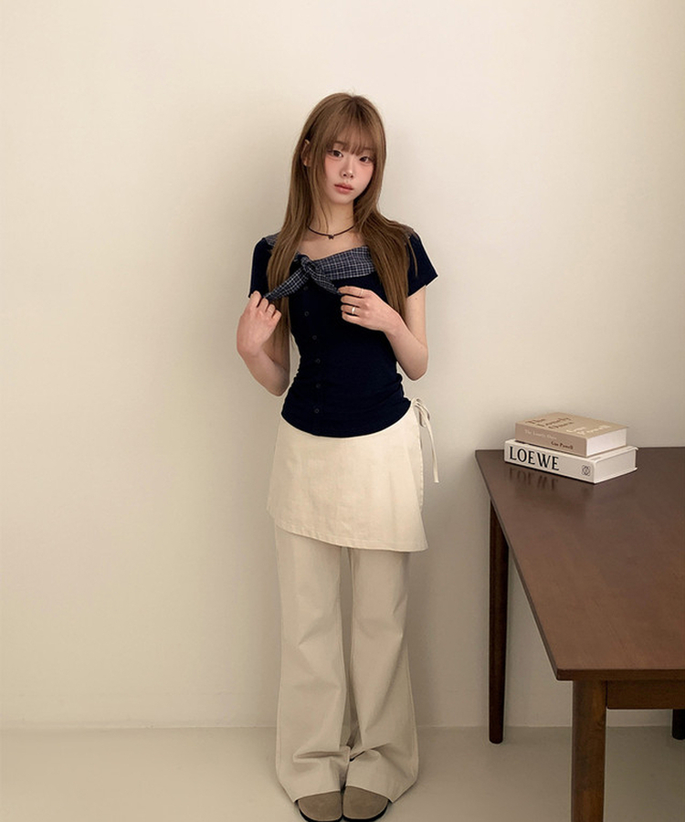 チェックスカーフレイヤード半袖Tシャツ NAVY