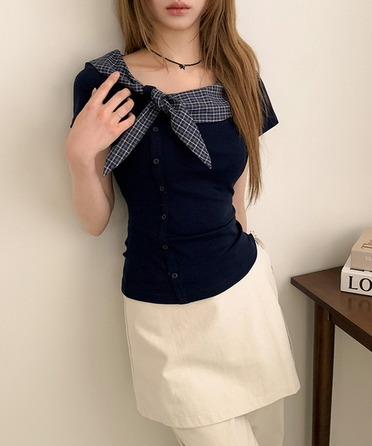 チェックスカーフレイヤード半袖Tシャツ NAVY