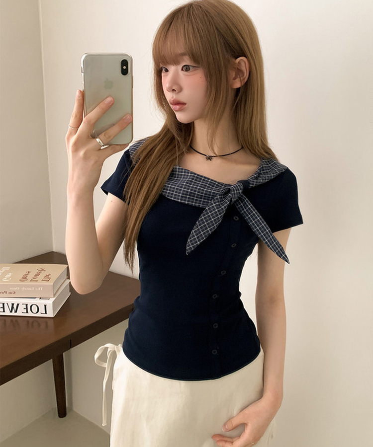 チェックスカーフレイヤード半袖Tシャツ NAVY