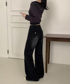 【丈別】ウォッシュドブーツカットデニム BLACK DENIM