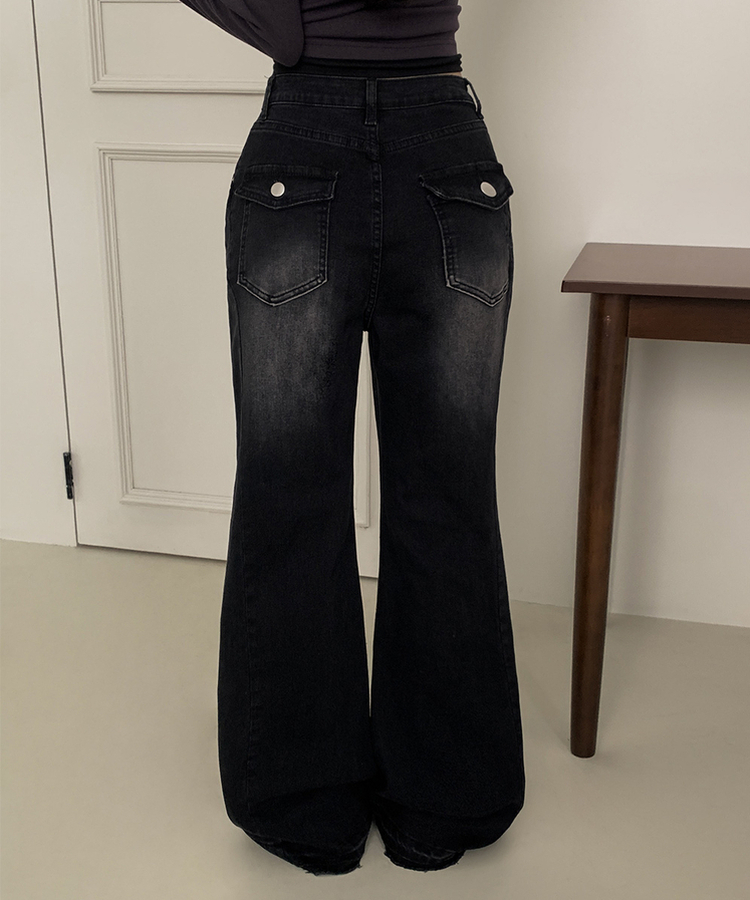 【丈別】ウォッシュドブーツカットデニム BLACK DENIM