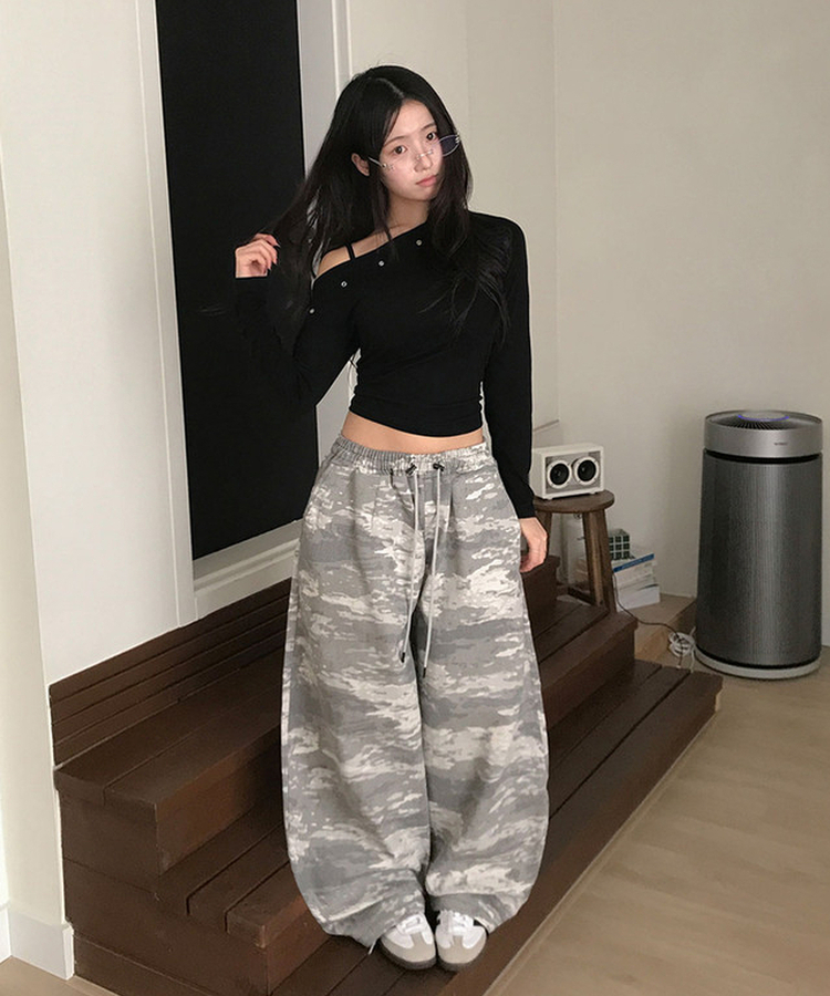테즈 카모 밀리터리 스터드 와이드 밴딩 팬츠 카모팬츠 그레이