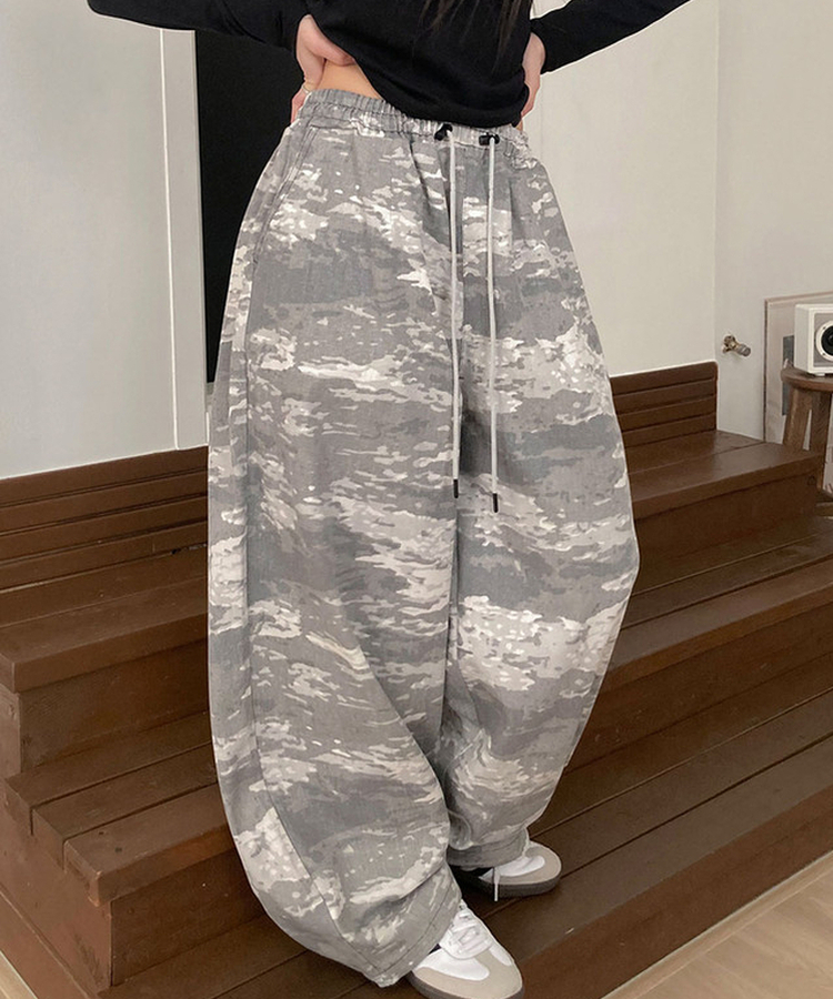 테즈 카모 밀리터리 스터드 와이드 밴딩 팬츠 카모팬츠 그레이