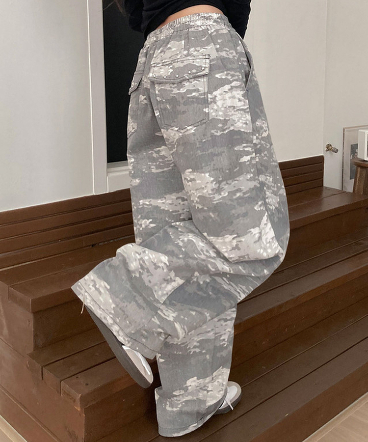 테즈 카모 밀리터리 스터드 와이드 밴딩 팬츠 카모팬츠 그레이