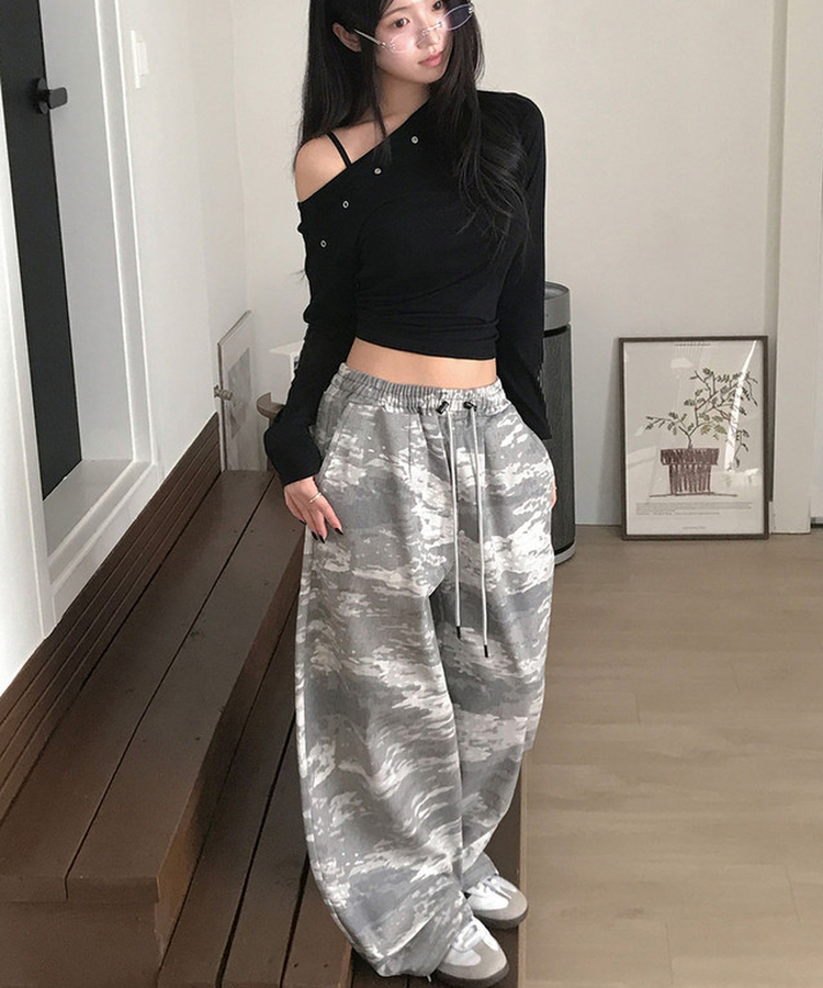 테즈 카모 밀리터리 스터드 와이드 밴딩 팬츠 카모팬츠 그레이