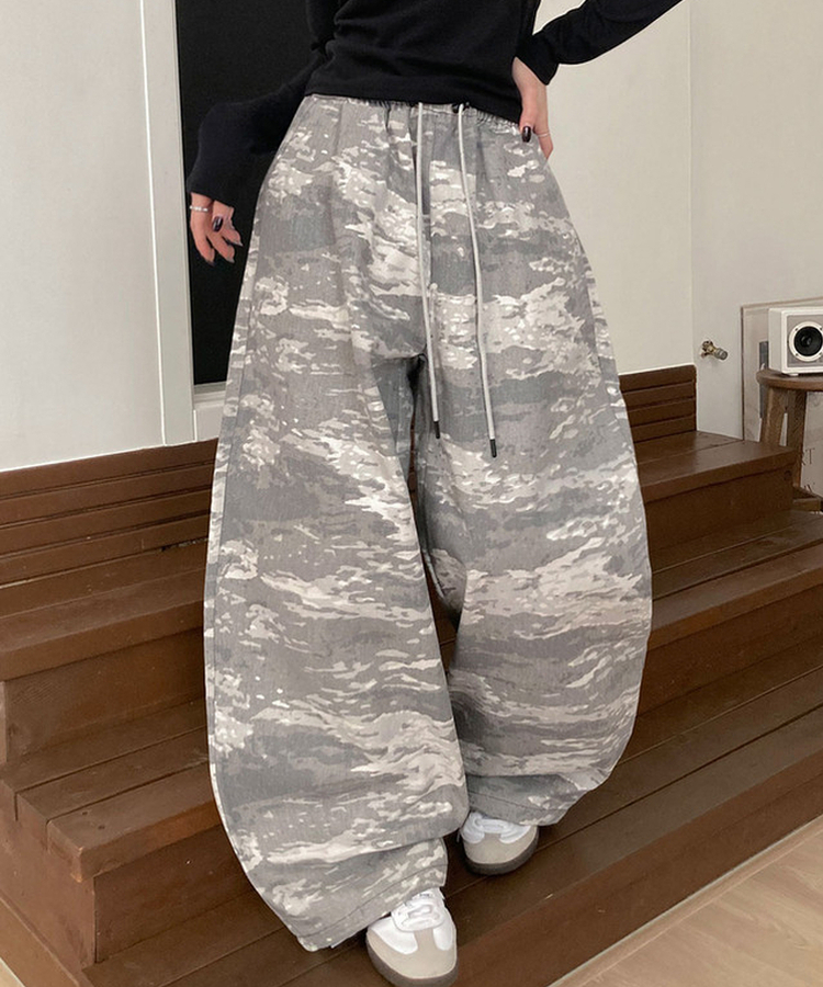 테즈 카모 밀리터리 스터드 와이드 밴딩 팬츠 카모팬츠 그레이