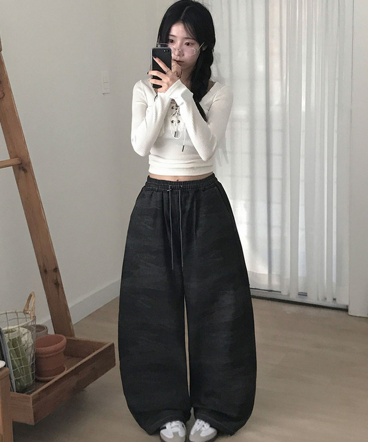 테즈 카모 밀리터리 스터드 와이드 밴딩 팬츠 카모팬츠 블랙