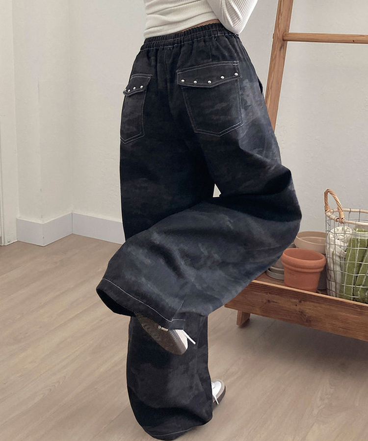 테즈 카모 밀리터리 스터드 와이드 밴딩 팬츠 카모팬츠 블랙