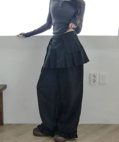 プリーツレイヤードワイドスカートパンツ BLACK