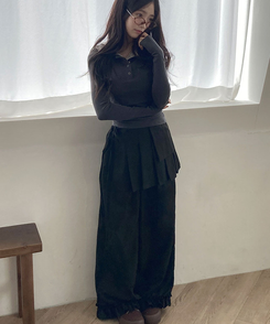 プリーツレイヤードワイドスカートパンツ BLACK