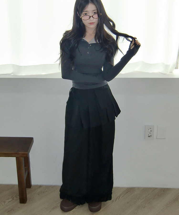 プリーツレイヤードワイドスカートパンツ BLACK