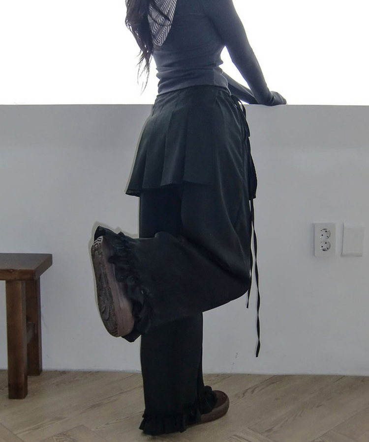 プリーツレイヤードワイドスカートパンツ BLACK